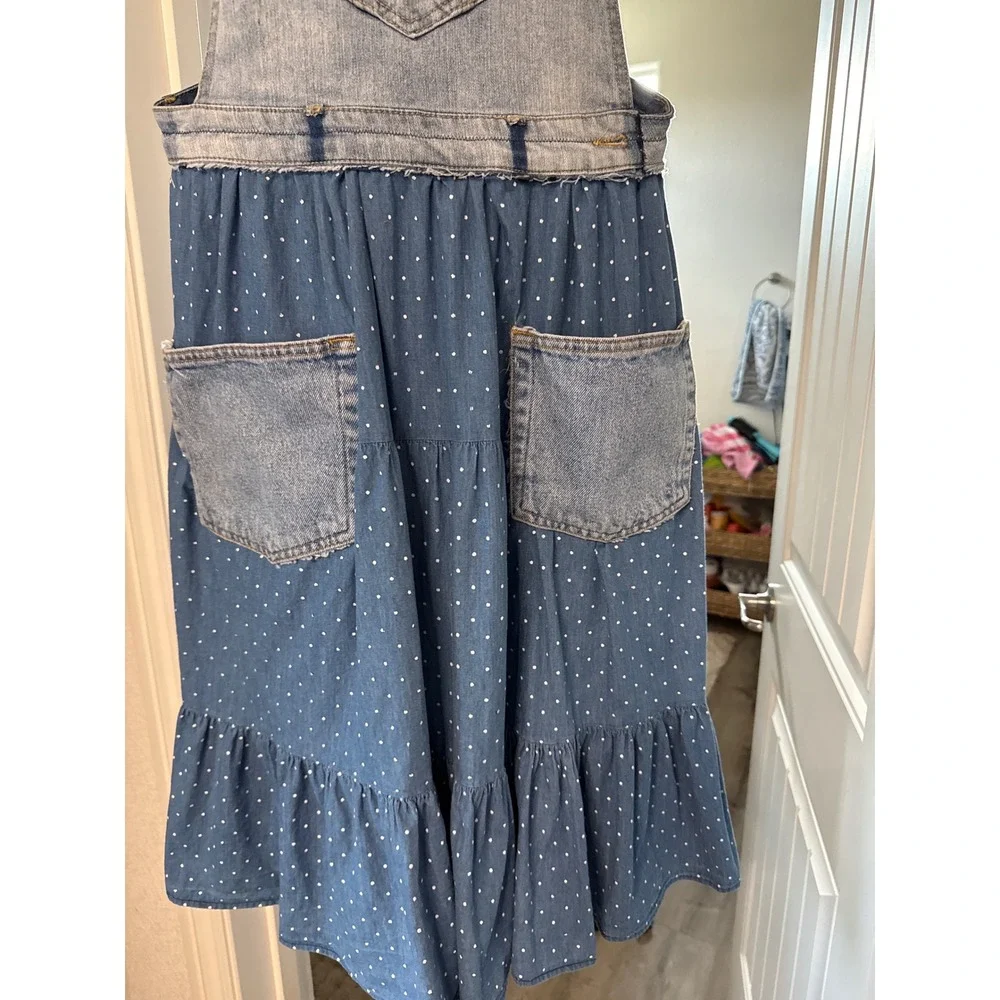 Upcycled Denim Prairie Overall Dress Cottagecore Boho Patchwork Midi Polka dot - Picture 4 of 6